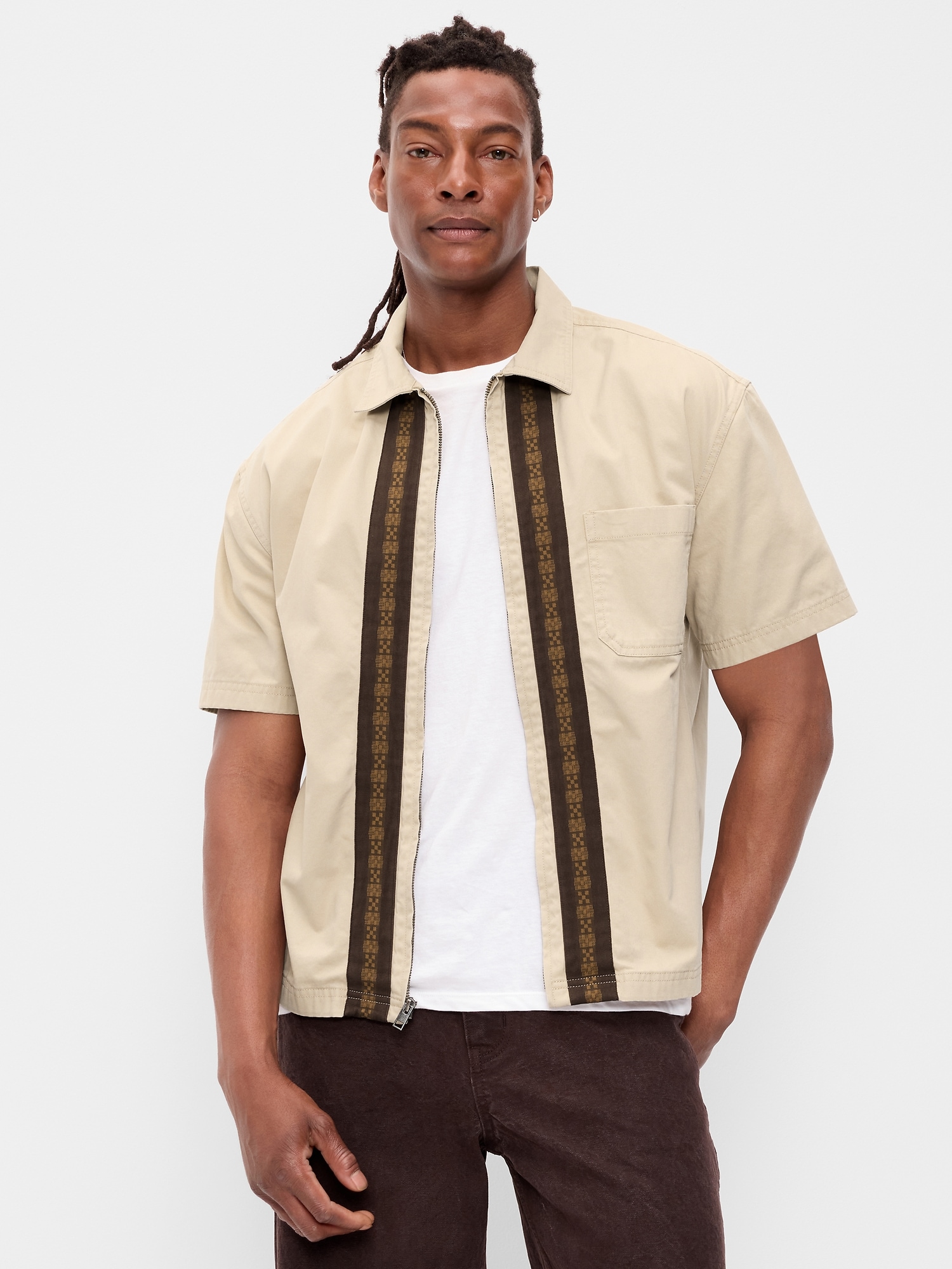 CHEMISE DE TRAVAIL AMPLE EN SERGÉ À GLISSIÈRE PLEINE LONGUEUR