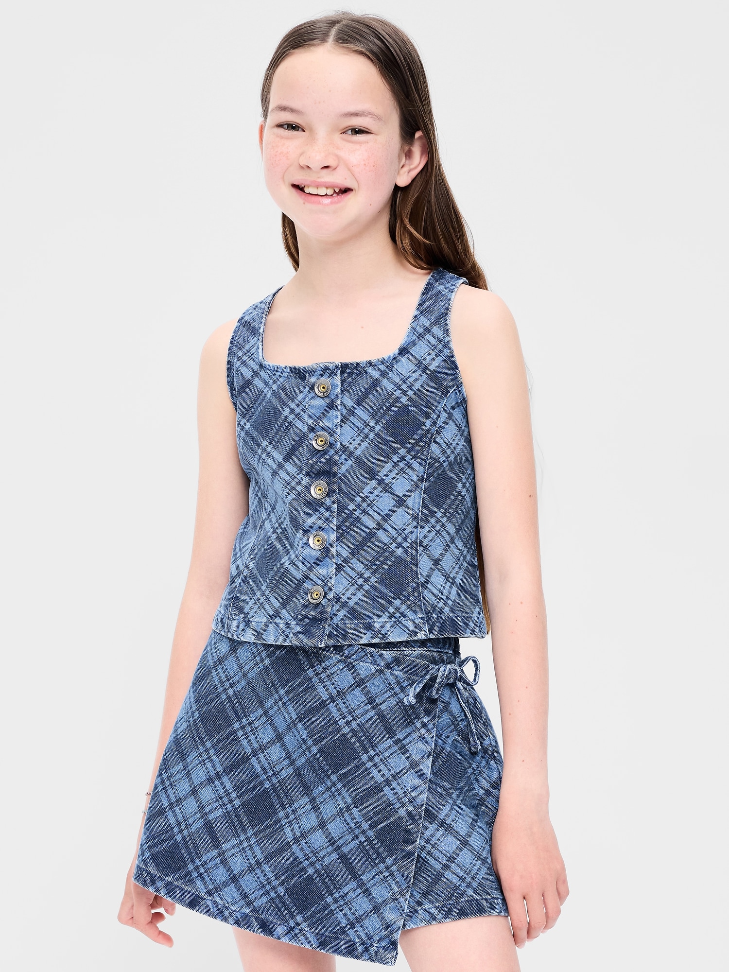 Button-Front Plaid Denim Tank Top for Girls