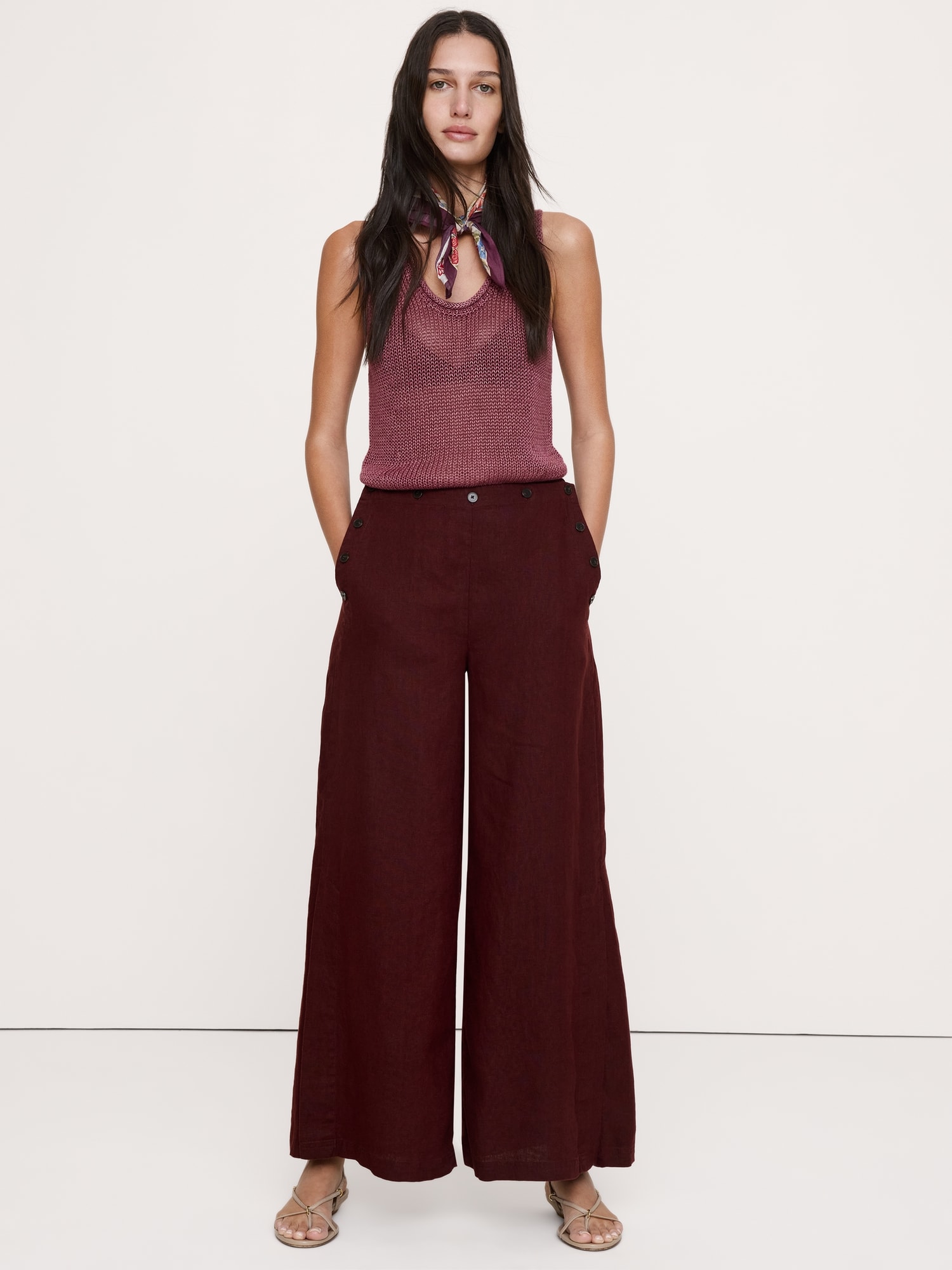 High-Rise Wide-Leg Linen Pull-On Sailor Pant