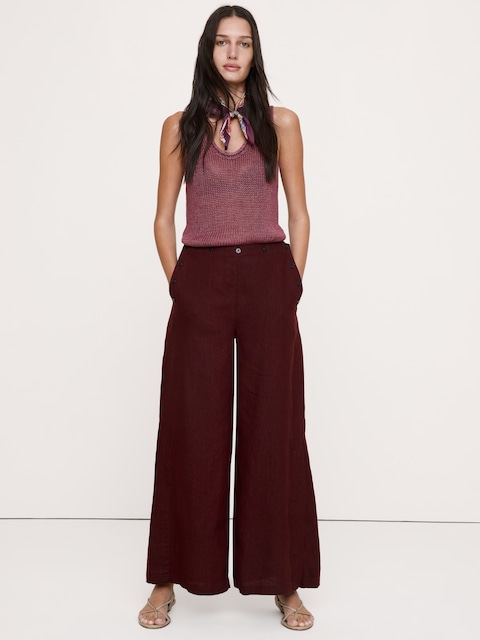 PANTALON DE MARIN À TAILLE EXTENSIBLE JAMBE LARGE ET TAILLE HAUTE EN LIN