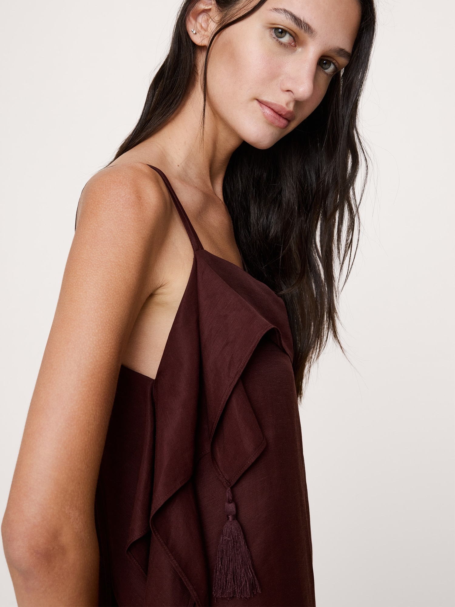 Viscose-Linen Tassel-Trim Mini Dress
