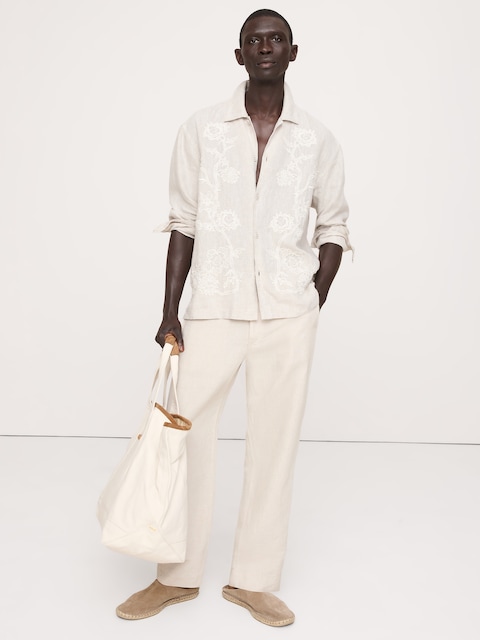 CHEMISE DE VACANCES BRODÉE DÉCONTRACTÉE EN LIN À MANCHES LONGUES