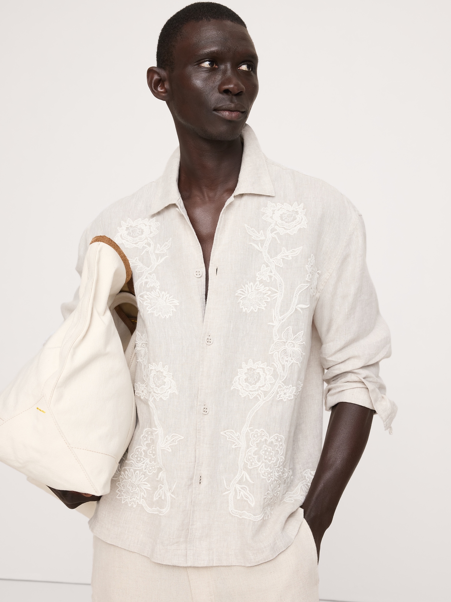 Relaxed-Fit Embroidered Linen Long-Sleeve Resort Shirt