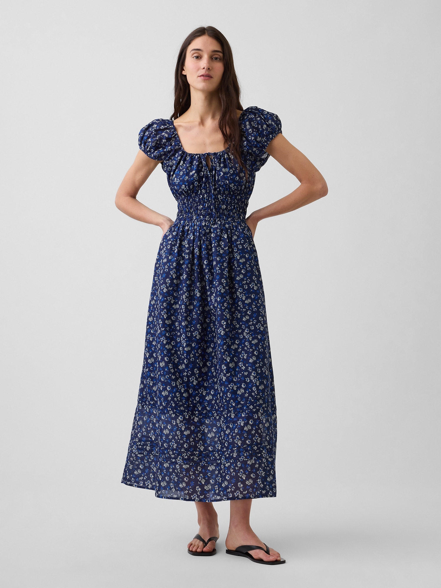 ROBE LONGUE EN VOILE À TAILLE SMOCKÉE