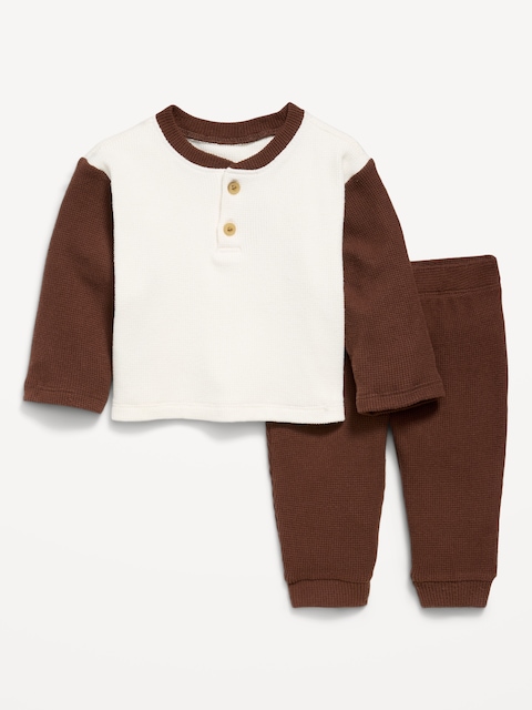 ENSEMBLE AVEC PANTALON ET HAUT HENLEY À MANCHES LONGUES EN TRICOT GAUFRÉ POUR BÉBÉ