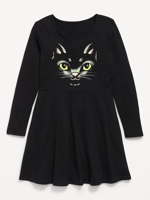 Long-Sleeve Graphic Fit and Flare Dress for Girls - Black Cat (Glow-In-The