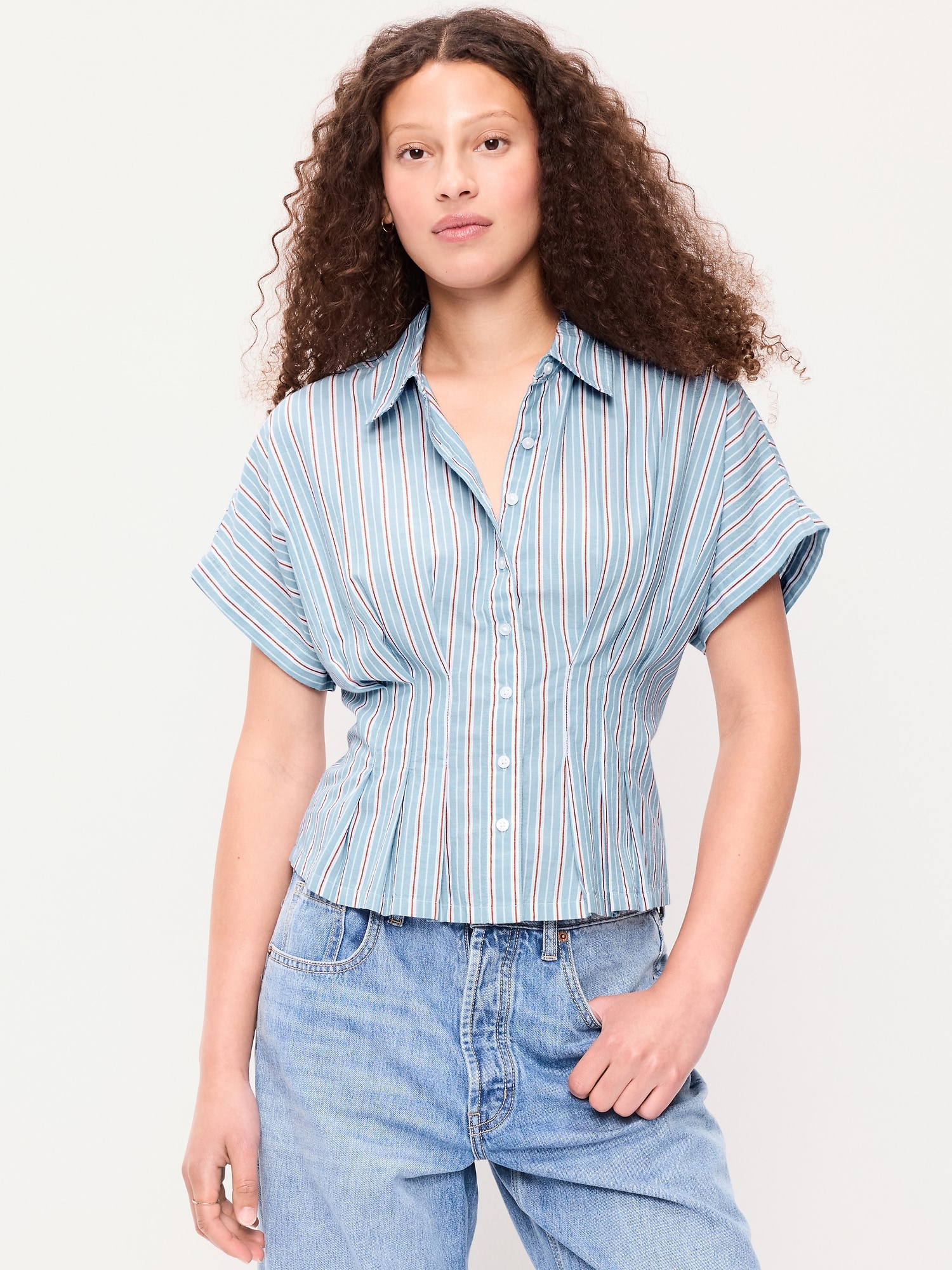 Slim Short-Sleeve Cinched-Waist Button-Down Shirt