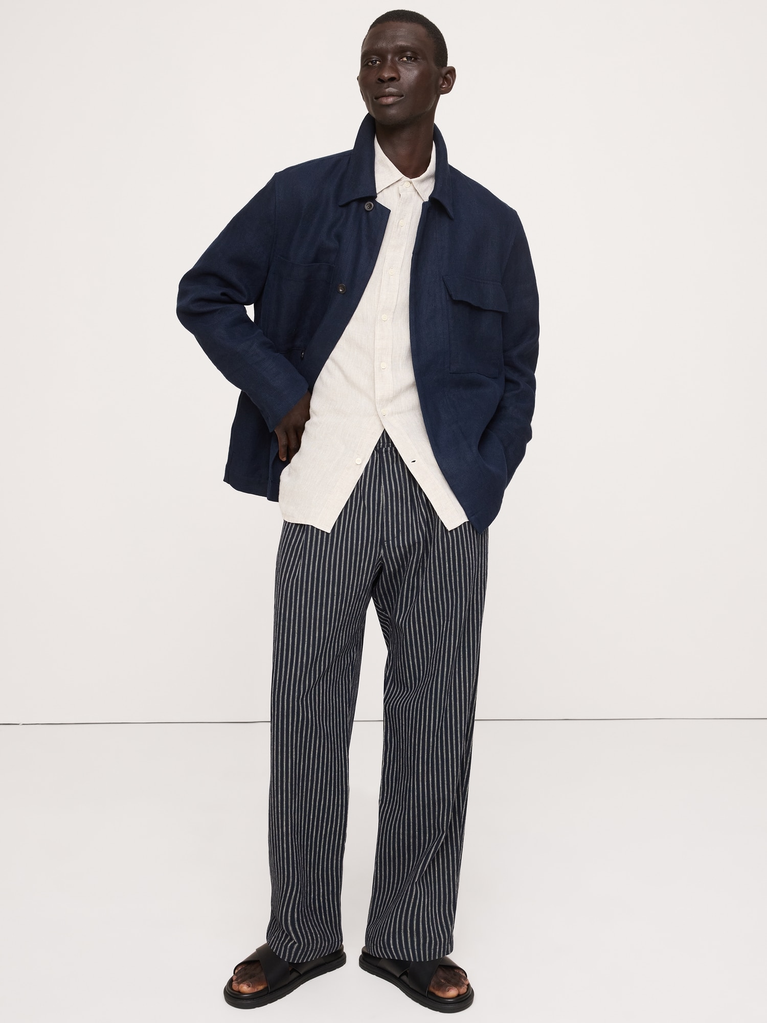 PANTALON DÉCONTRACTÉ À TAILLE EXTENSIBLE EN LIN ET COTON À PLIS