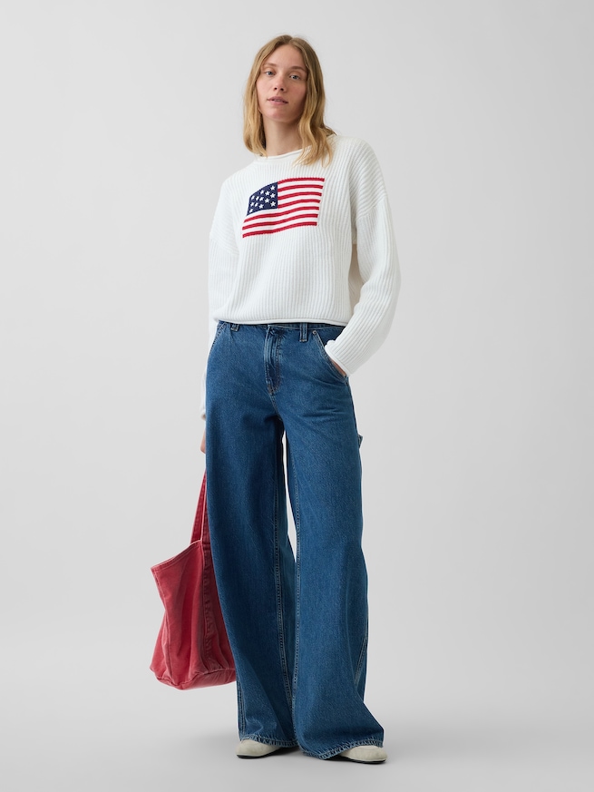 コットン100% オーバーサイズ アメリカーナ クロップドセーター-1