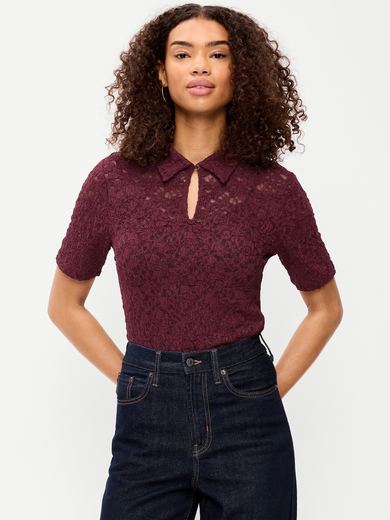 Lace Keyhole Polo Top