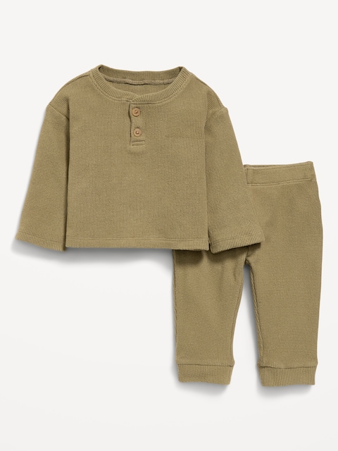 ENSEMBLE AVEC PANTALON ET HAUT HENLEY À MANCHES LONGUES EN TRICOT GAUFRÉ POUR BÉBÉ