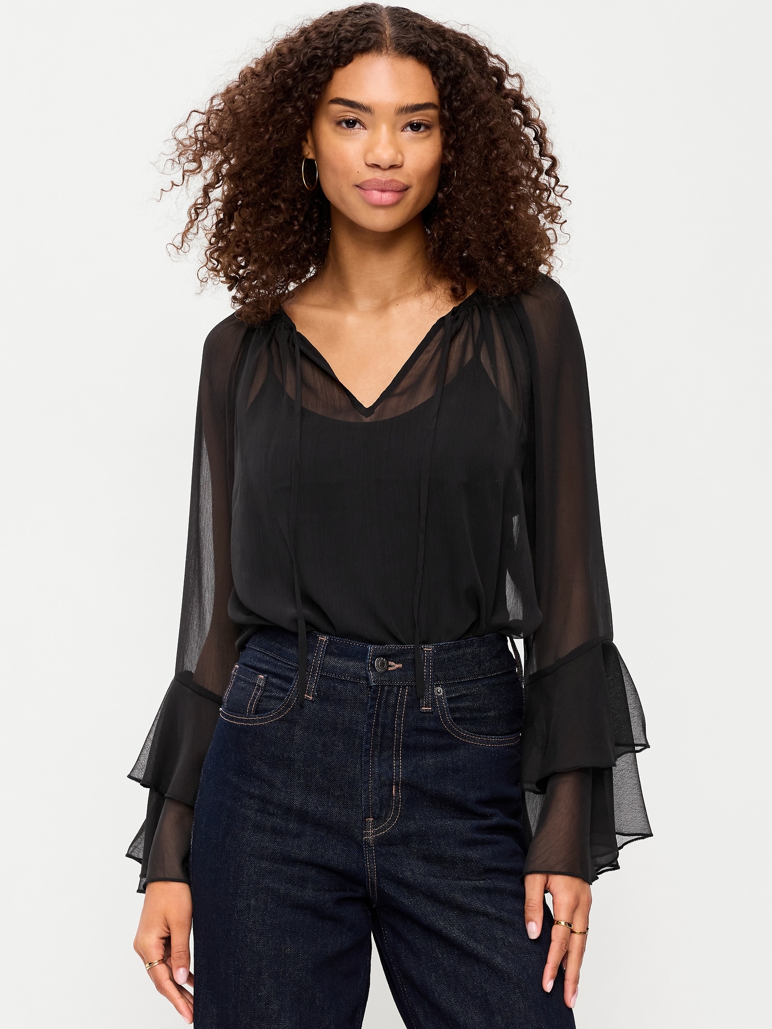 Drapey Chiffon Bell-Sleeve Top