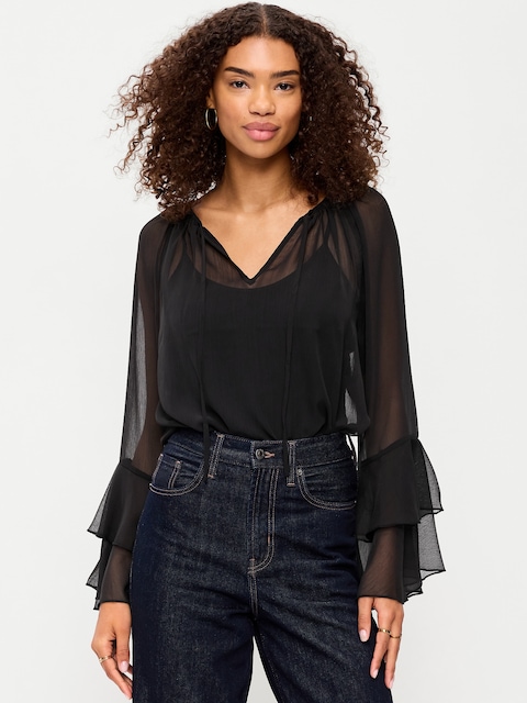 Drapey Chiffon Bell-Sleeve Top