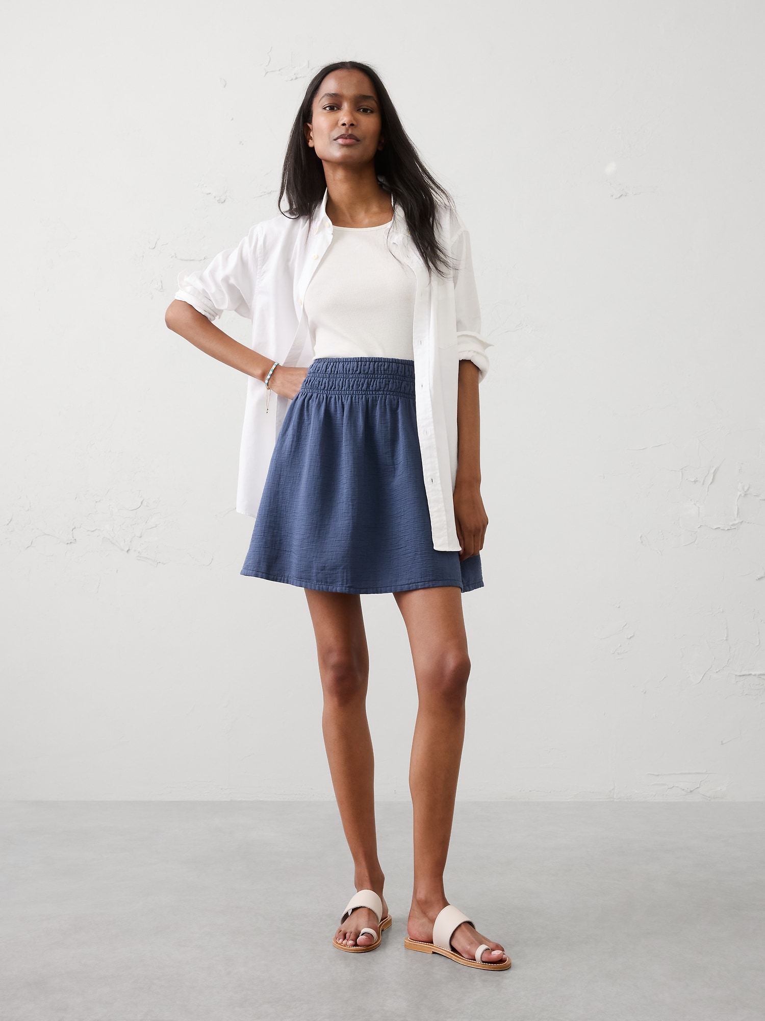 Gauze Smocked-Waist Mini Skirt