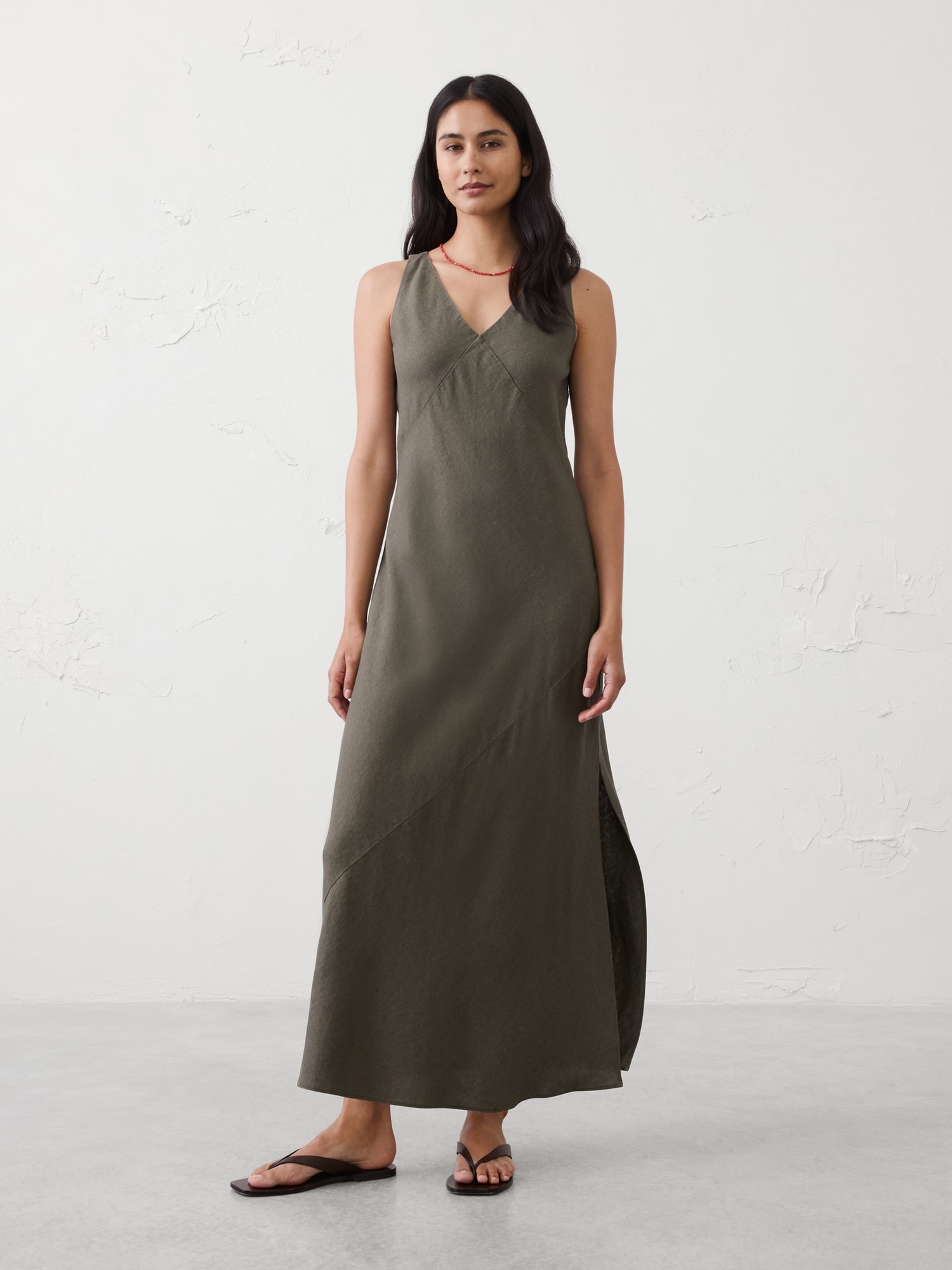 Linen-Blend Side-Slit Maxi Dress