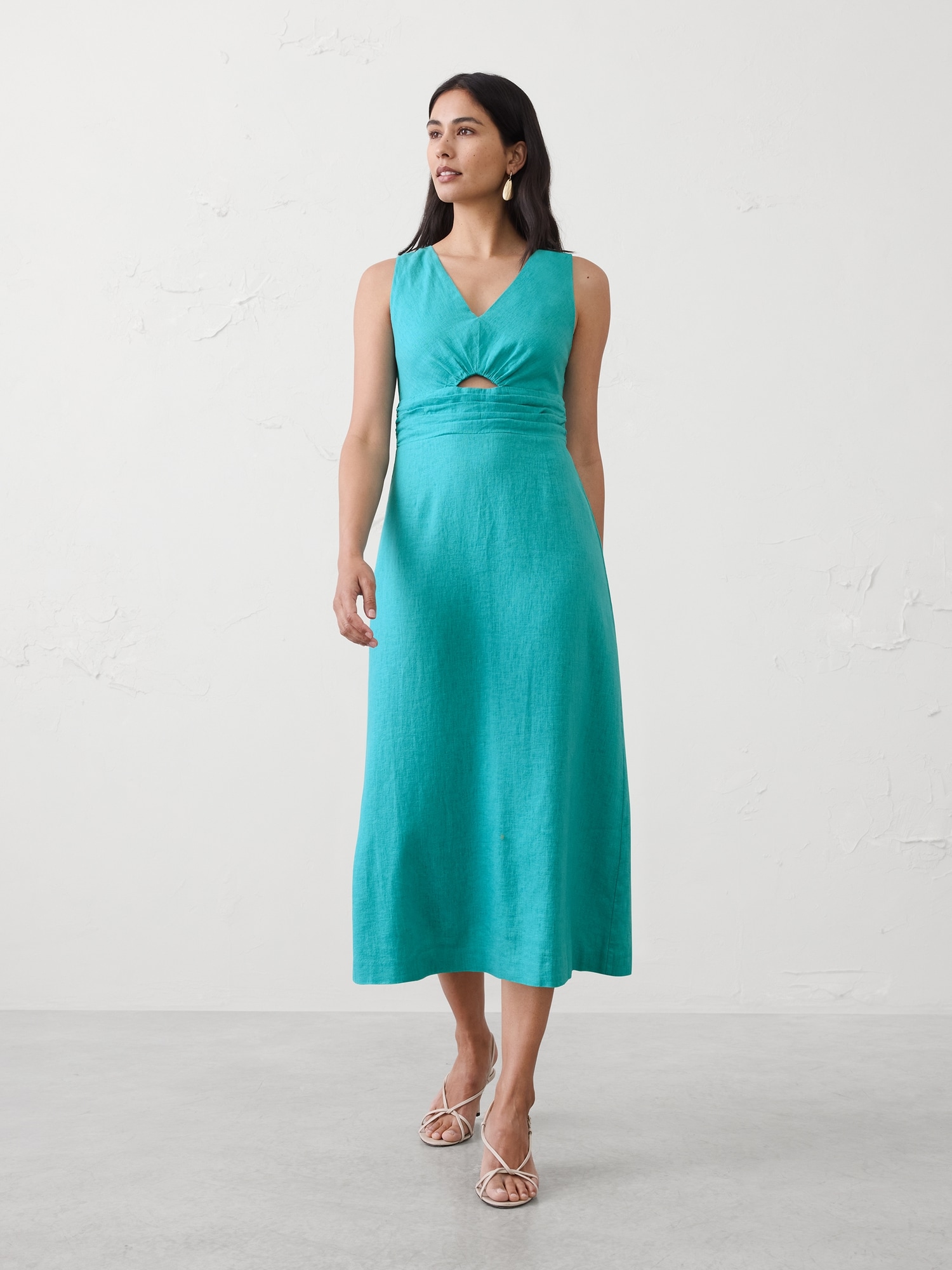 Linen-Blend Cutout Midi Dress