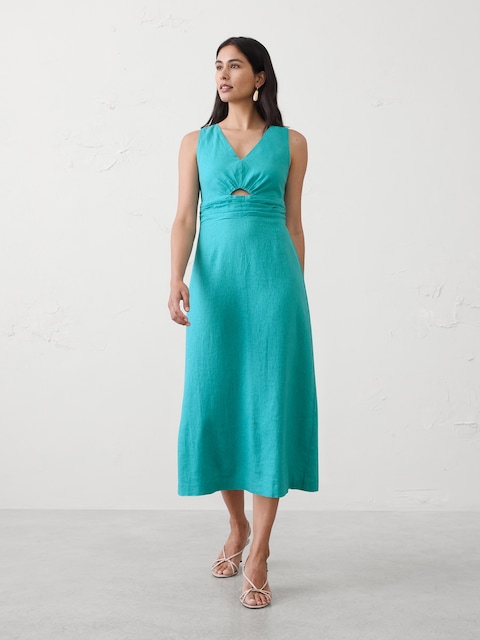 Linen-Blend Cutout Midi Dress