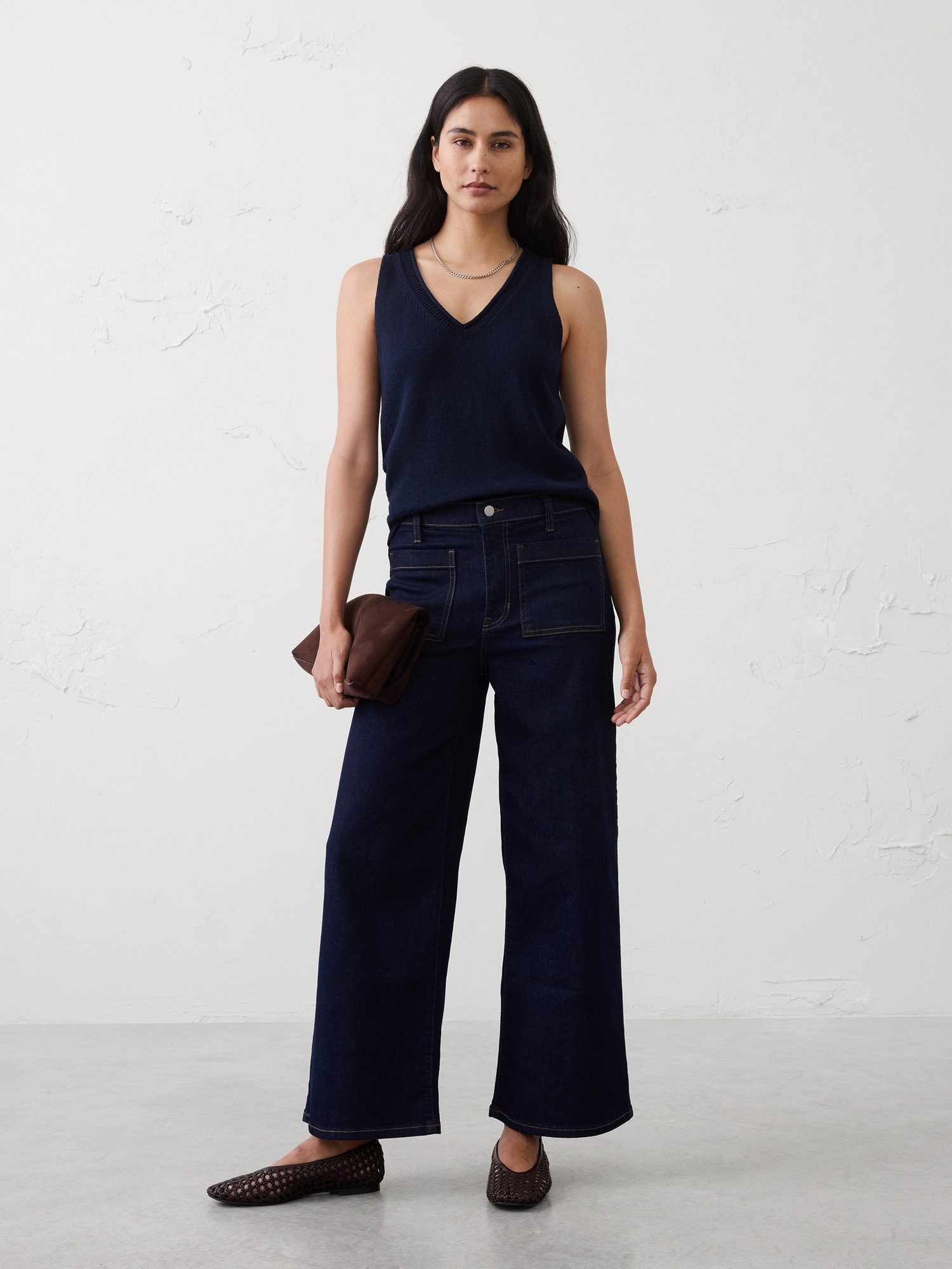 Wide-Leg High-Rise Patch Pocket Cropped Jean