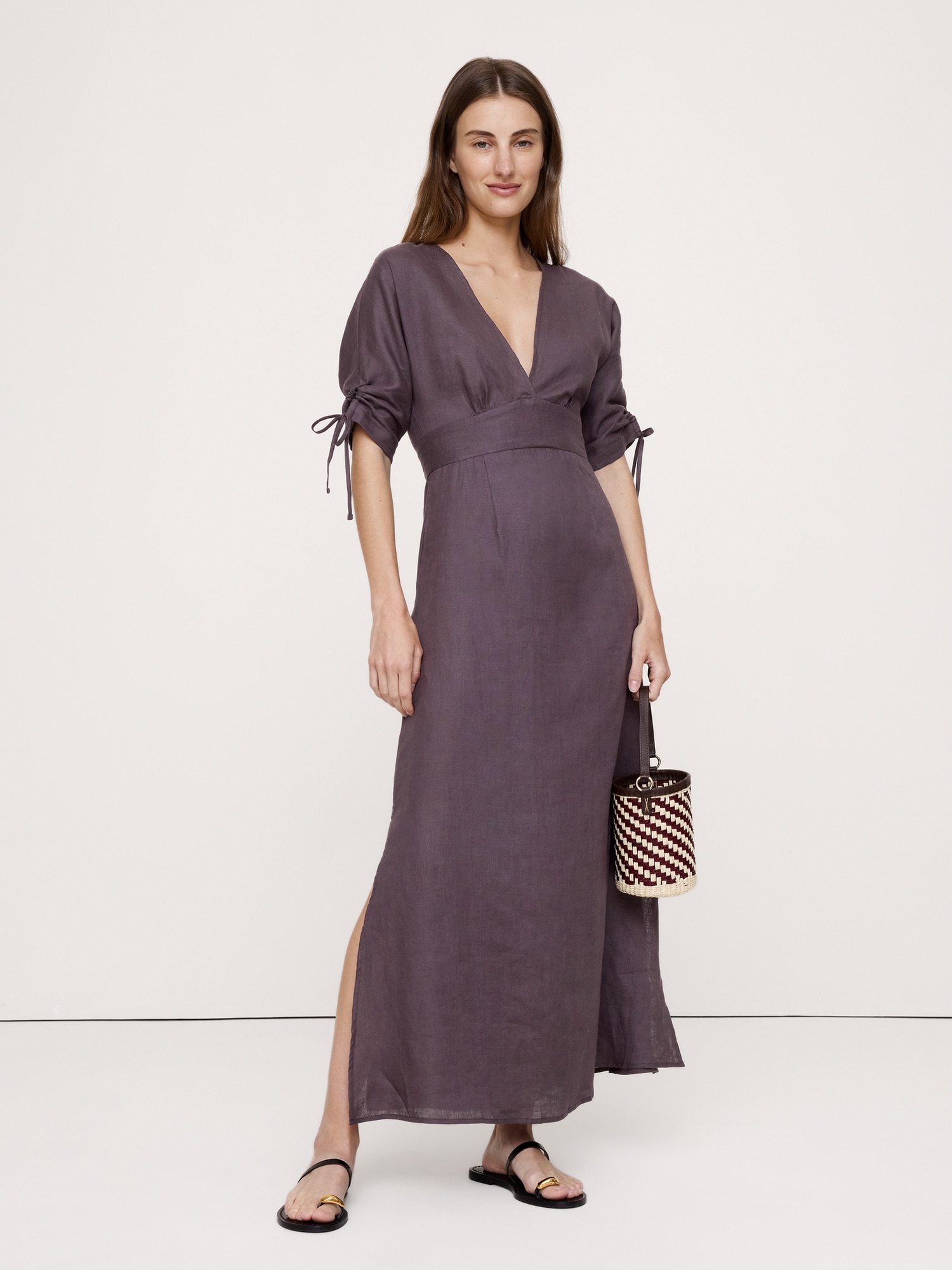 Linen Tie-Sleeve Midi Dress