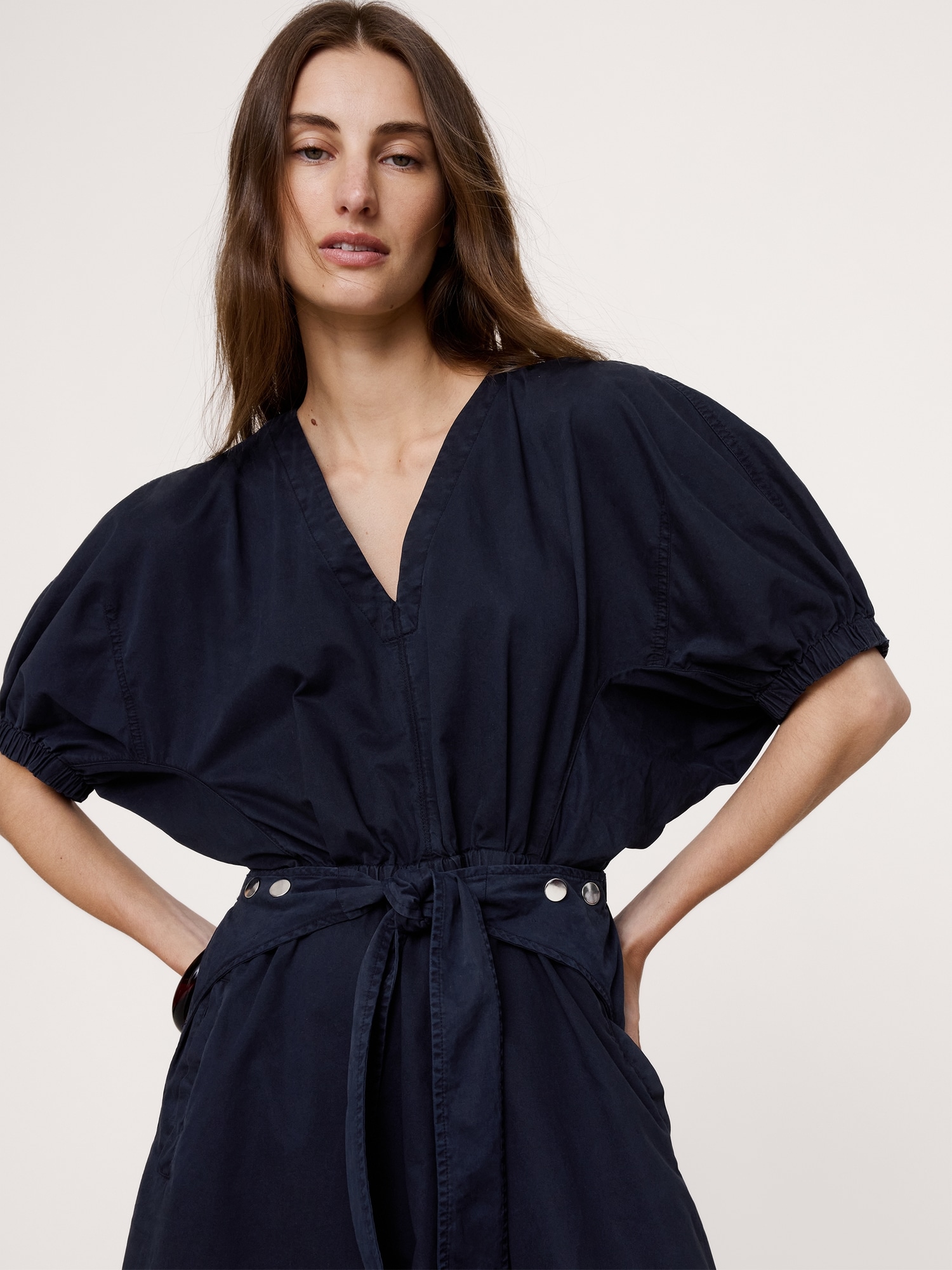 Cotton Twill Puff-Sleeve Midi Dress