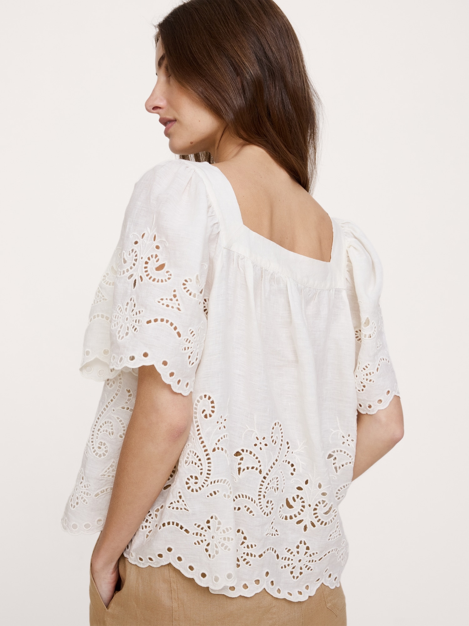 Linen Eyelet Square-Neck Top