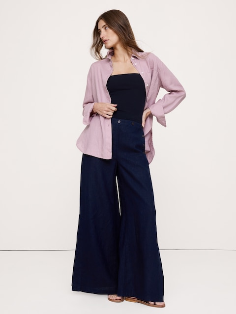 PANTALON DE MARIN À TAILLE EXTENSIBLE JAMBE LARGE ET TAILLE HAUTE EN LIN