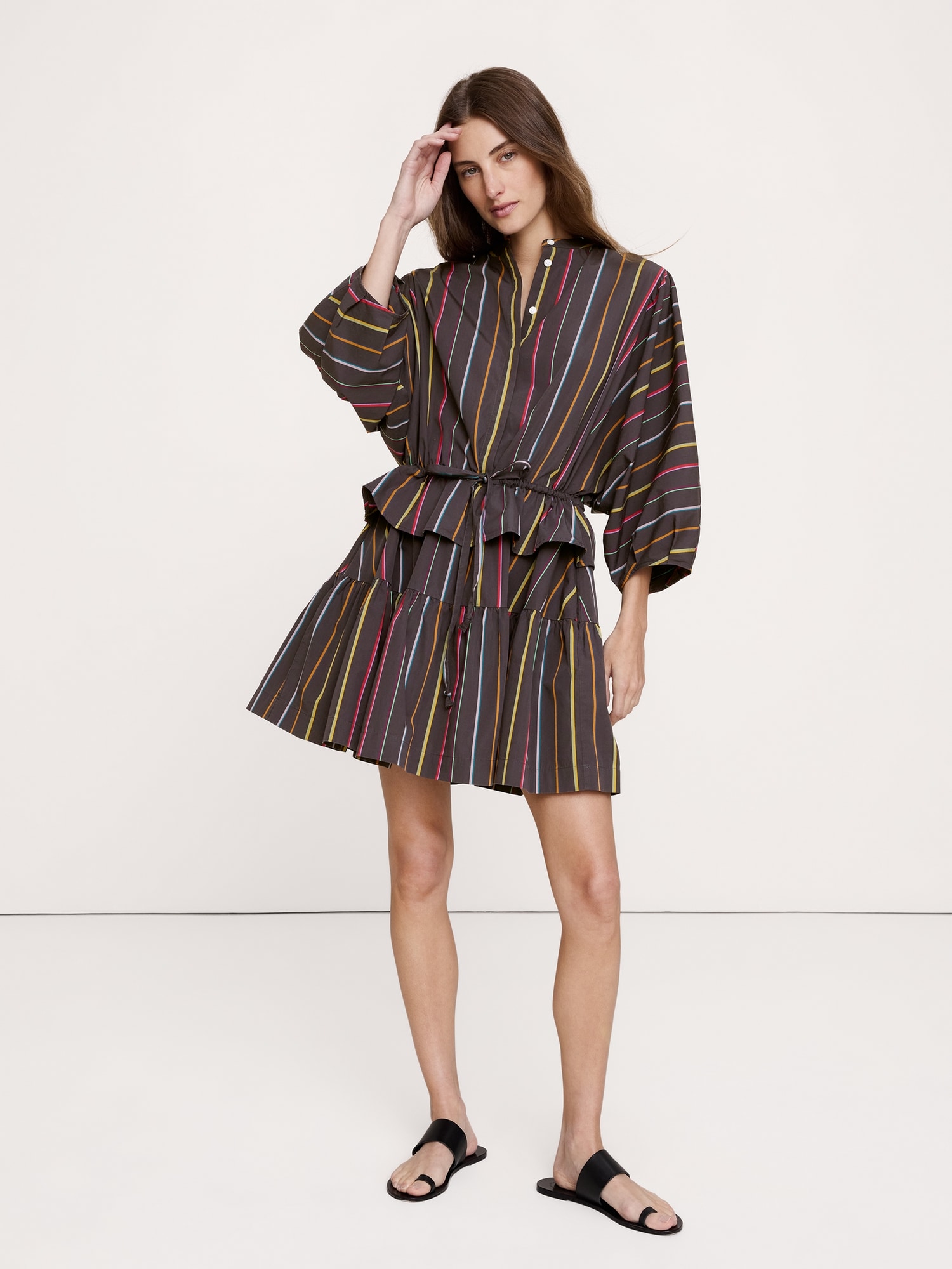 ROBE COURTE EN POPELINE DE COTON À TAILLE À CORDON DE SERRAGE