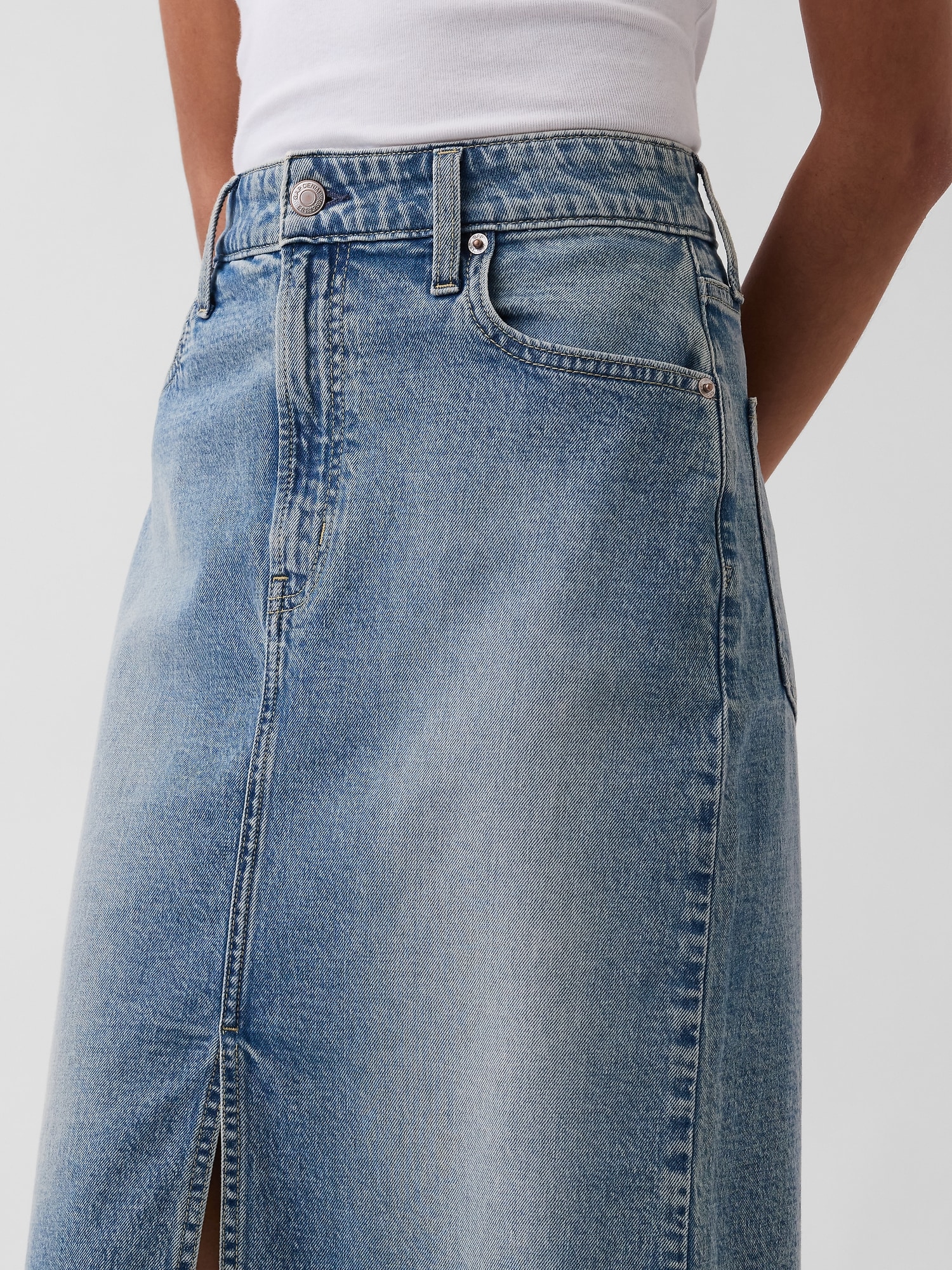 High Rise Denim Midi Pencil Skirt