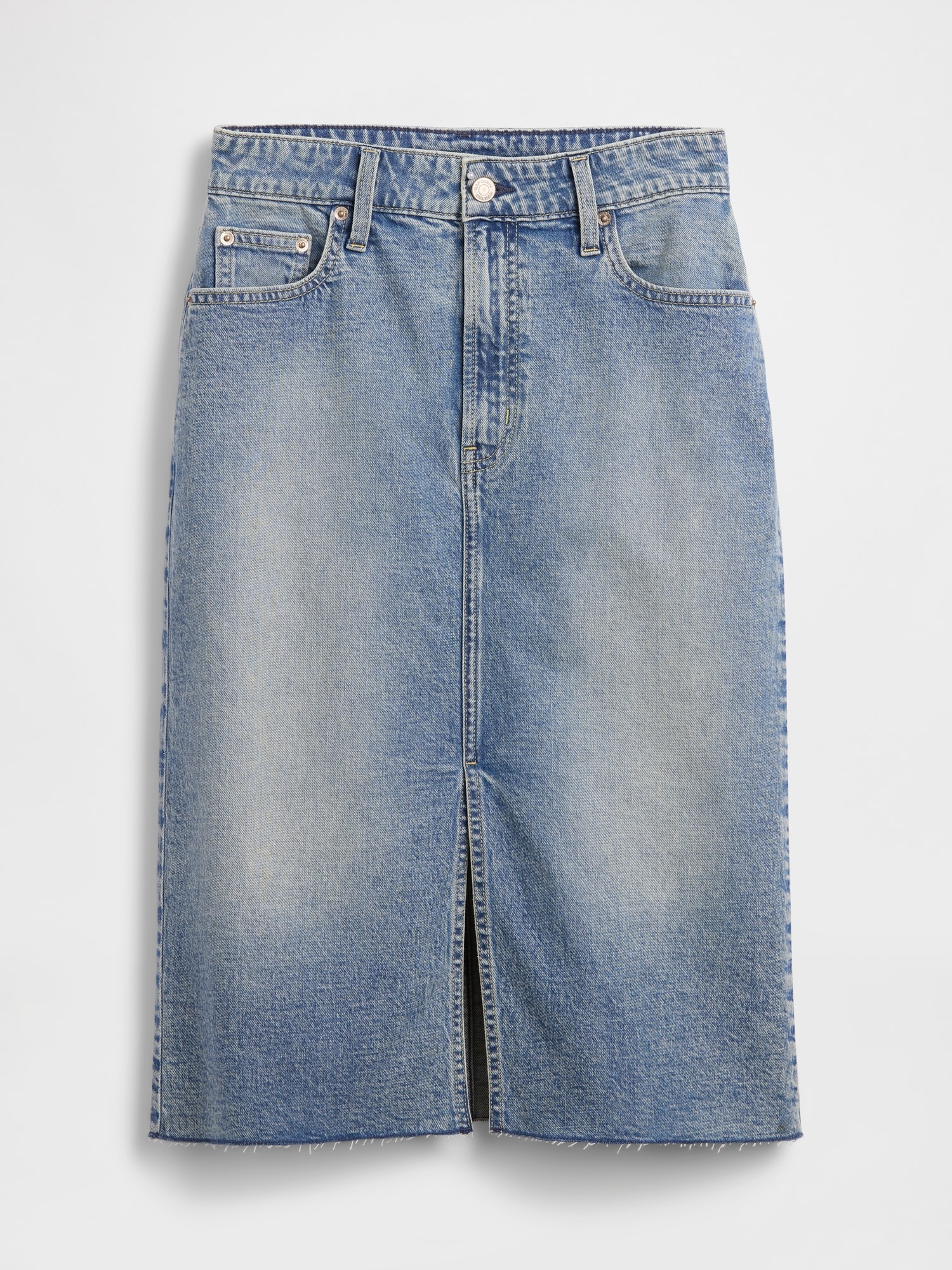 High Rise Denim Midi Pencil Skirt