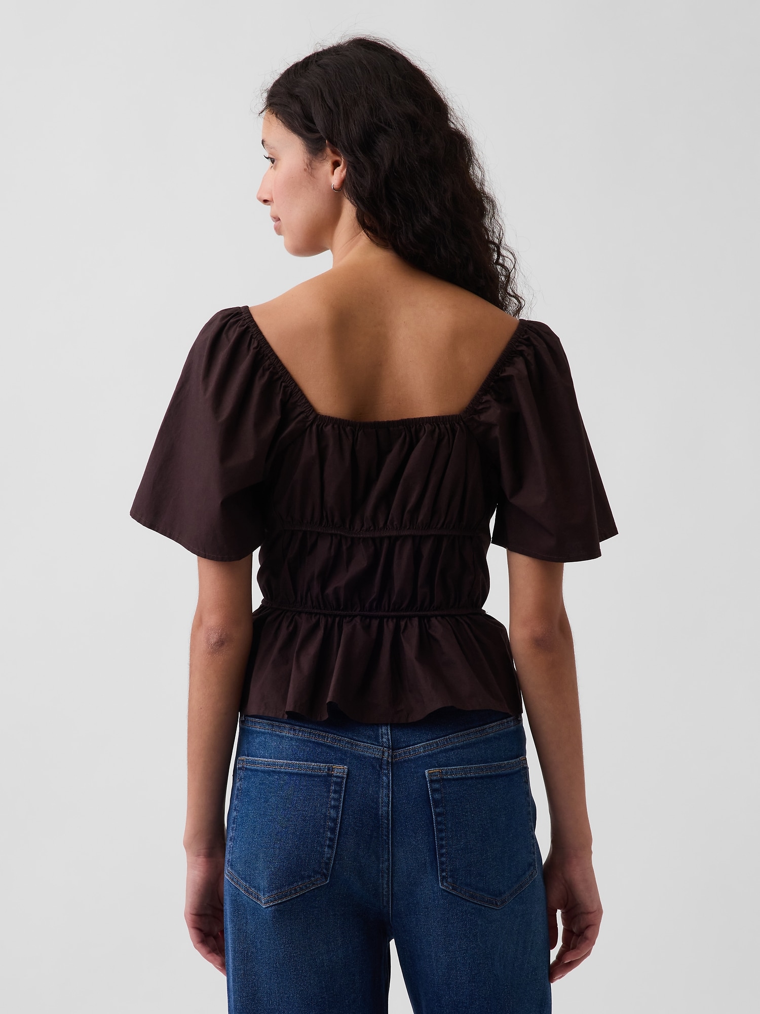 Square-Neck Flutter-Sleeve Peplum Top