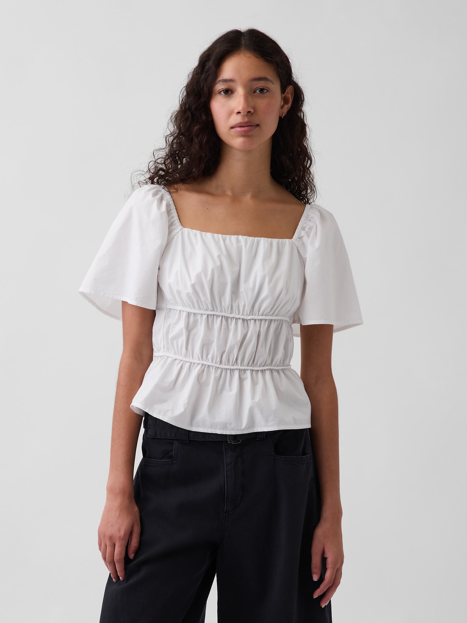 Square-Neck Flutter-Sleeve Peplum Top