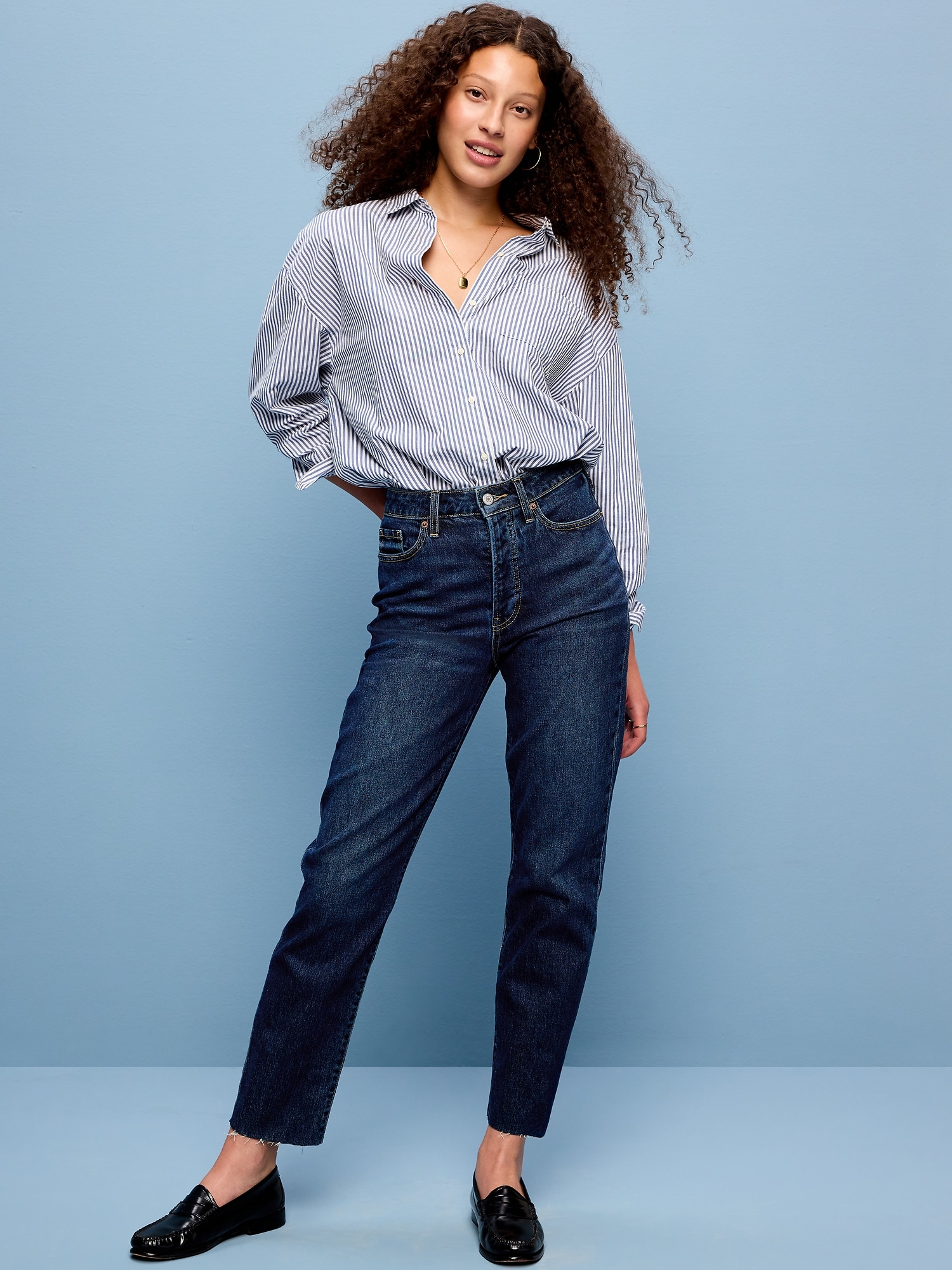 JEAN OG DROIT À TAILLE HAUTE AVEC BRAGUETTE À BOUTONS, LONGUEUR CHEVILLE