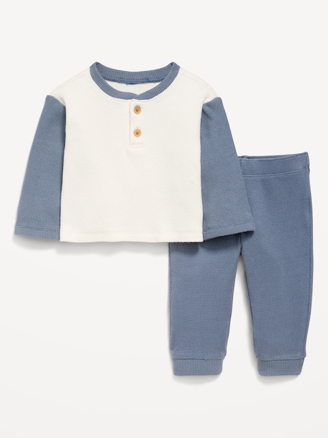 ENSEMBLE AVEC PANTALON ET HAUT HENLEY À MANCHES LONGUES EN TRICOT GAUFRÉ POUR BÉBÉ