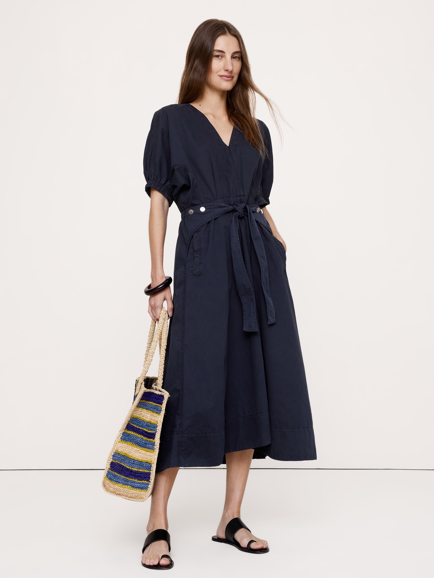 ROBE MI-LONGUE À MANCHES BOUFFANTES EN SERGÉ DE COTON