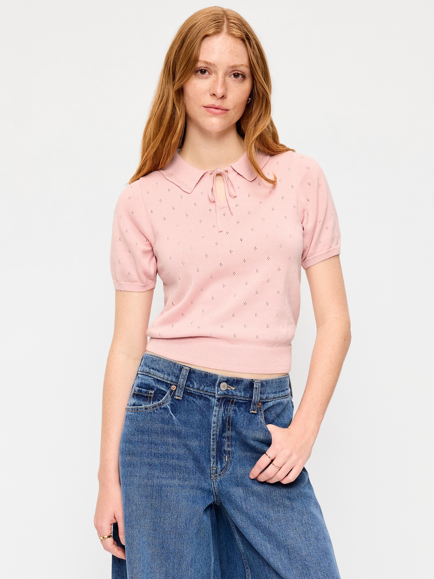Tie-Front Seaside Cotton Pointelle Cropped Polo