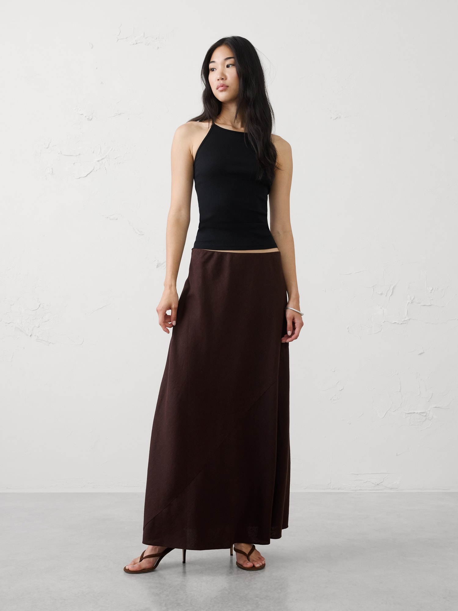 Linen-Blend Bias Pull-On Maxi Skirt