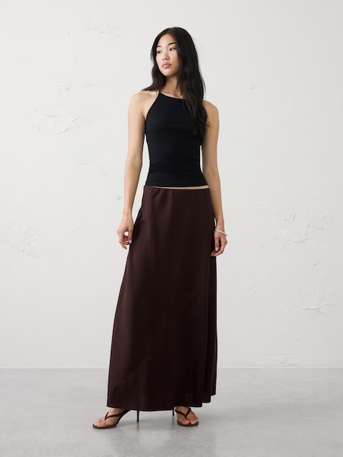 JUPE LONGUE À COUPE EN BIAIS À TAILLE EXTENSIBLE EN MÉLANGE DE LIN