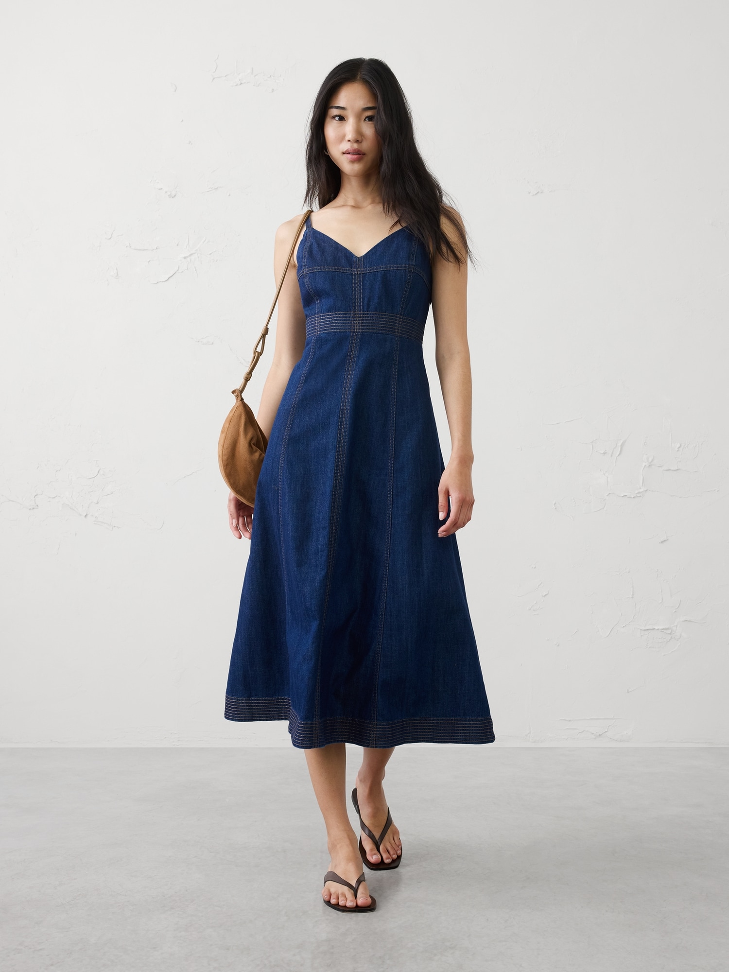 Denim Contrast Stitch Midi Dress