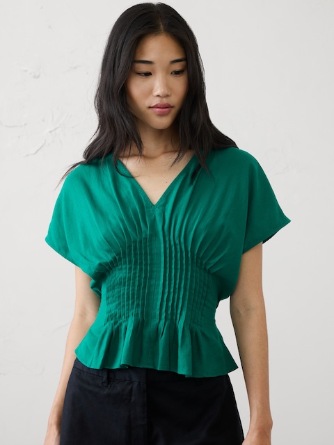 HAUT À TAILLE NERVURÉE EN MÉLANGE DE LIN