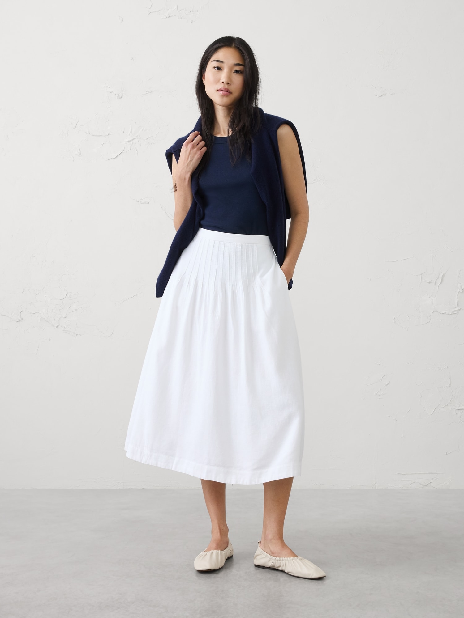Linen-Blend Pintuck Midi Skirt