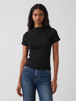 モダンリブ モックネック クロップドTシャツ