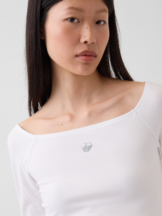 クロースニット ジャージー GAPロゴ オフショルダー クロップドTシャツ-3
