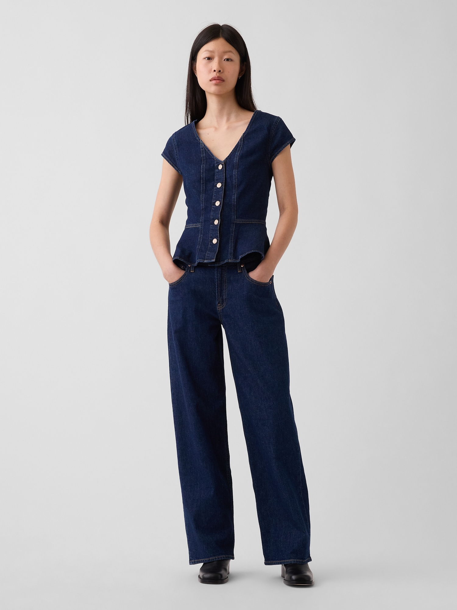 Denim Fitted Cap-Sleeve Peplum Top