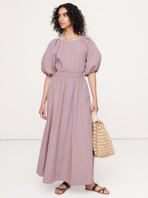 ROBE LONGUE À MANCHES BOUFFANTES EN POPELINE DE COTON