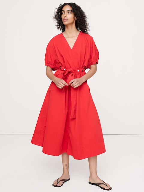 ROBE MI-LONGUE À MANCHES BOUFFANTES EN SERGÉ DE COTON
