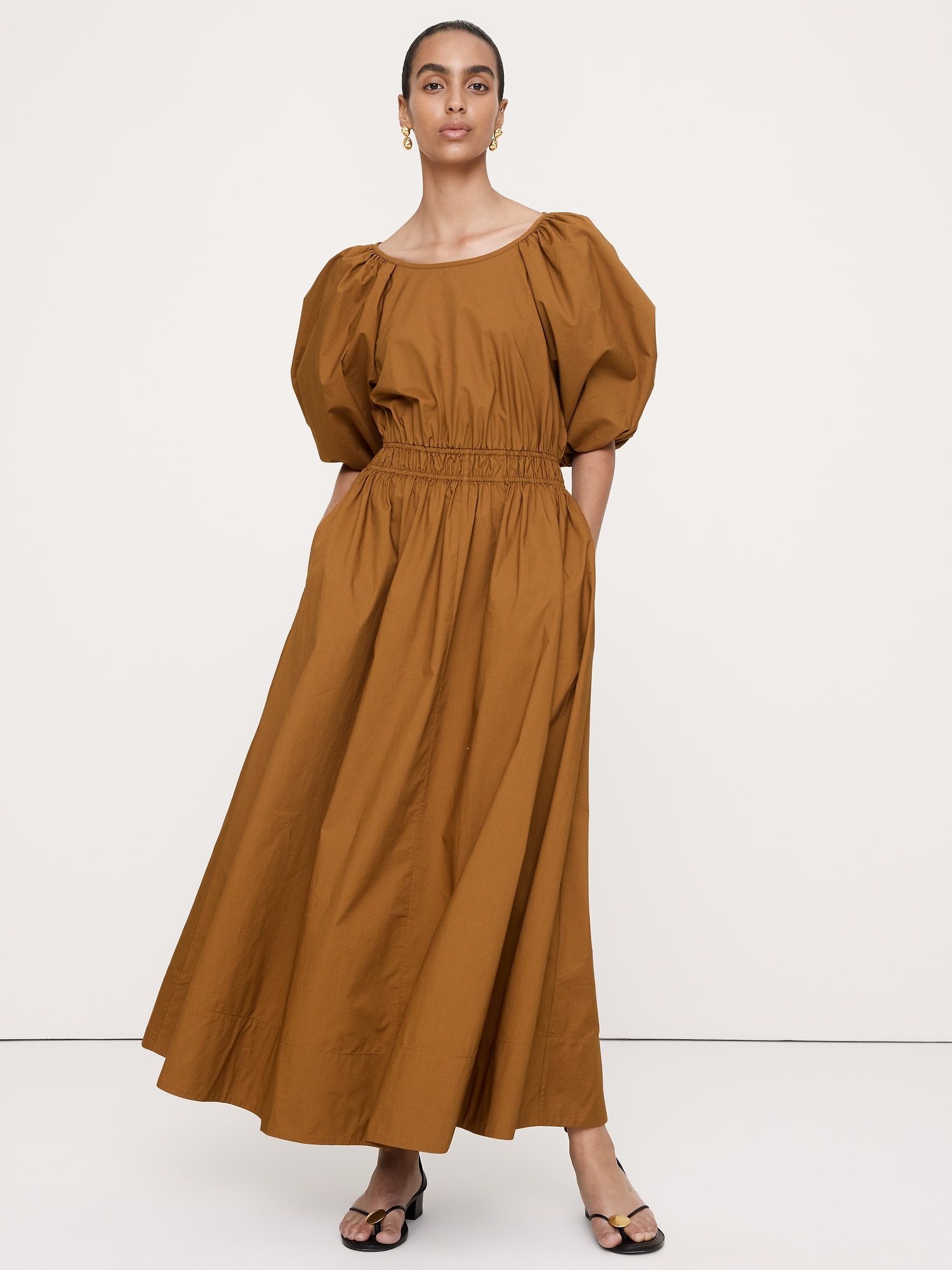 ROBE LONGUE À MANCHES BOUFFANTES EN POPELINE DE COTON