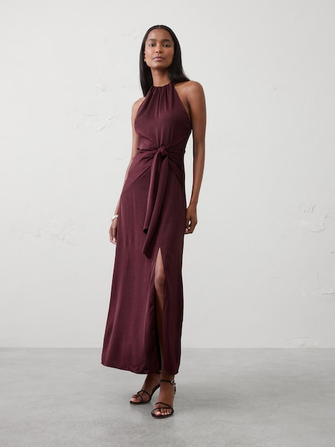Satin Halter Tie-Waist Maxi Dress
