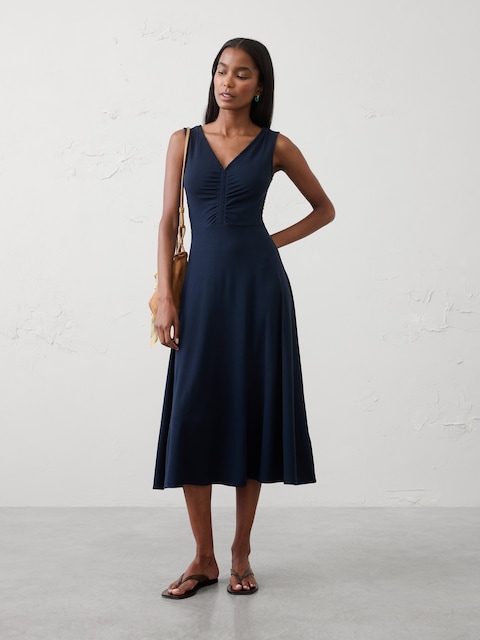 Shirred V-Neck Midi Dress