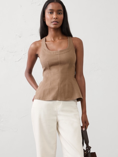 Denim Scoop-Neck Peplum Top