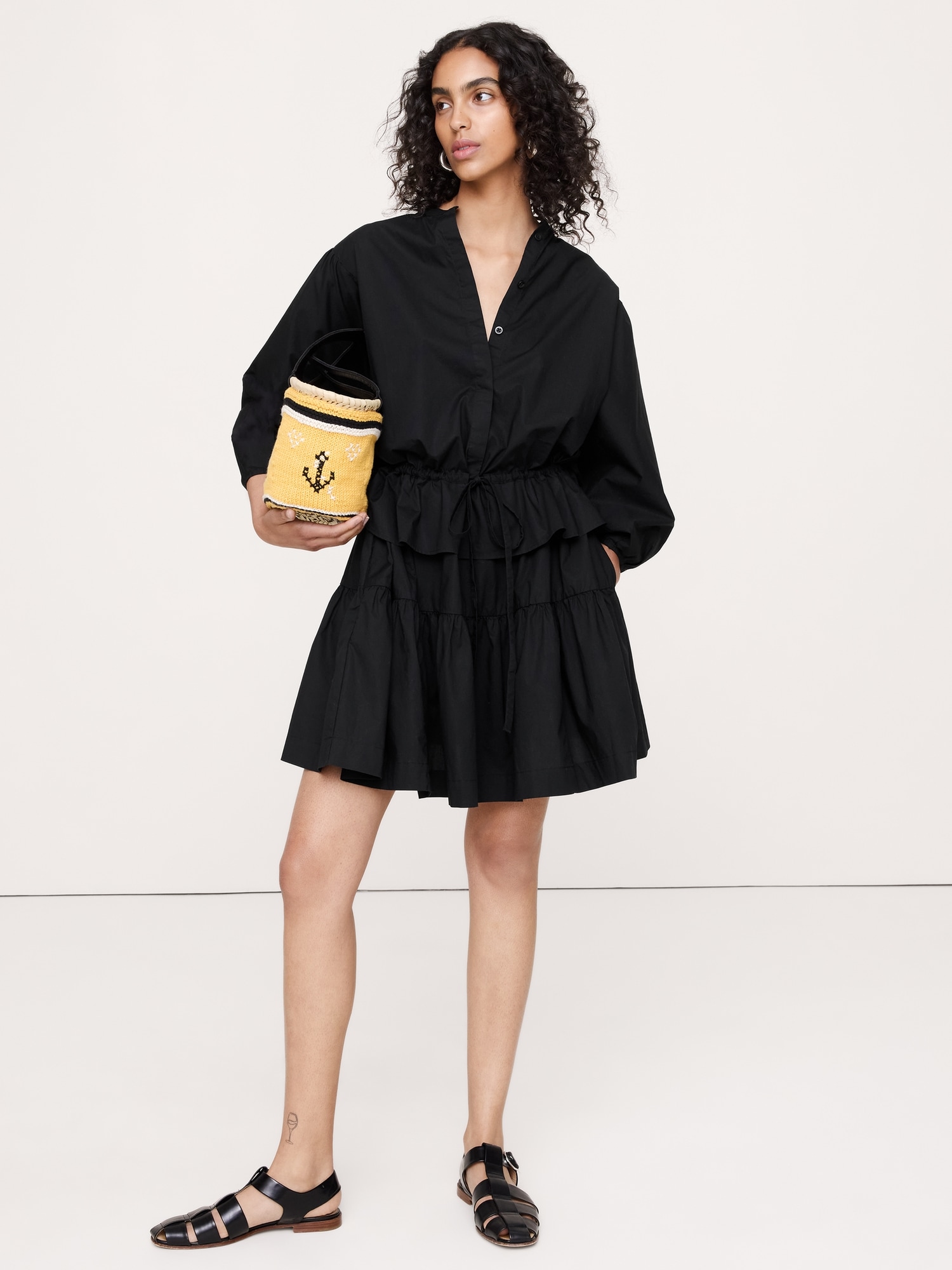 ROBE COURTE EN POPELINE DE COTON À TAILLE À CORDON DE SERRAGE